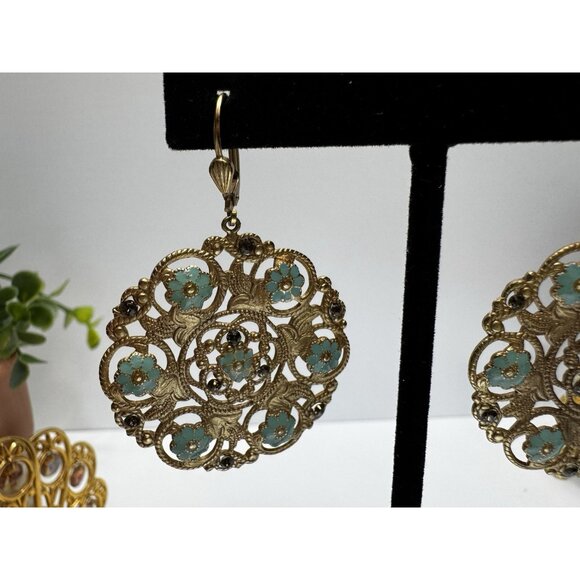 Vintage Gold Filigree Drop Earrings Turquoise Enamel Floral Boho Statement - Picture 3 of 8